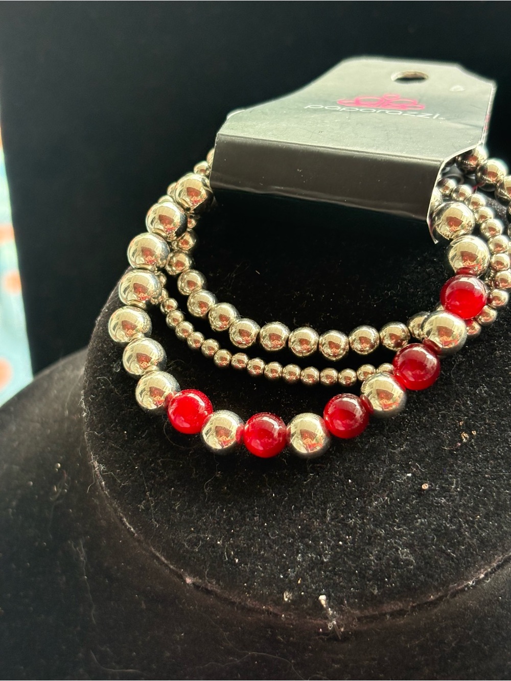 Red and Silver Stretch Beaded Bracelet Trio - paparazzi